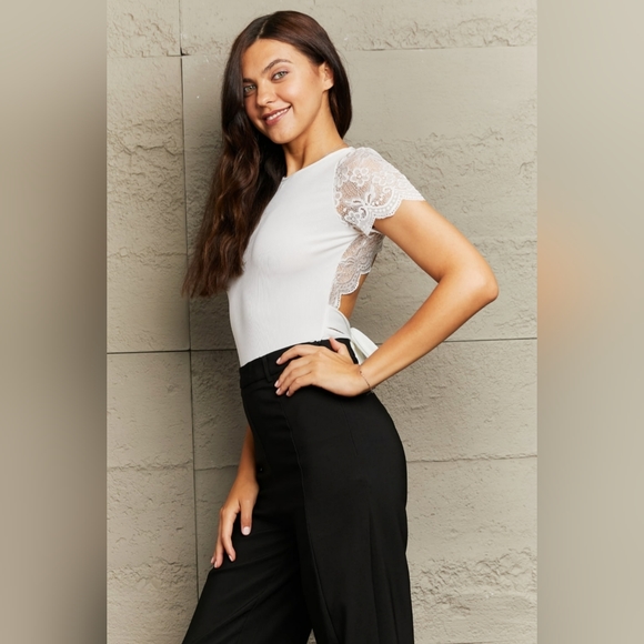 Lace Bodysuit Short Sleeve Scallop Shoulder Tied Waist Open Back One-piece White - Picture 7 of 8